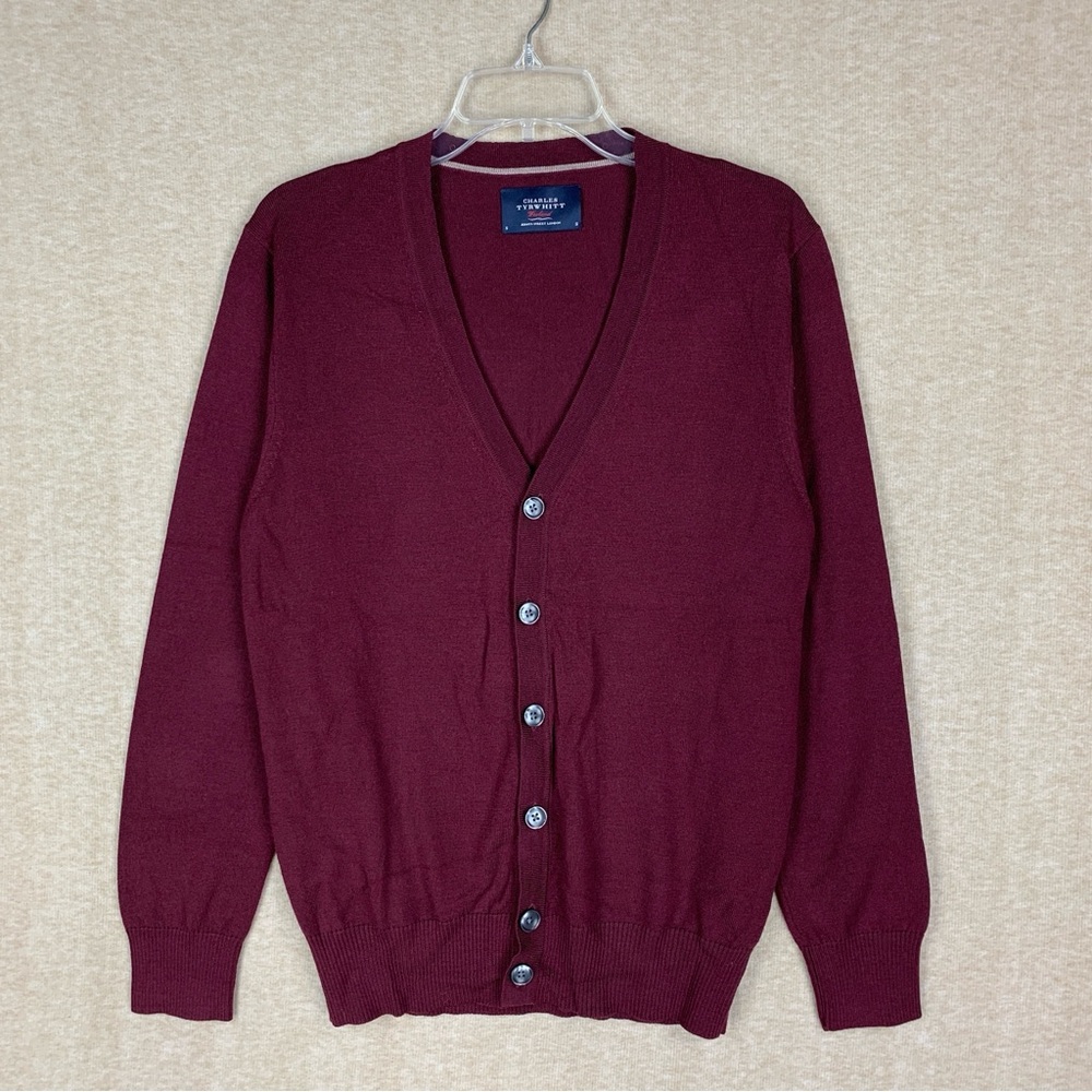 Charles Tyrwhitt Weekend Cardigan Size S 100% Wool Knit Burgundy Academia Preppy